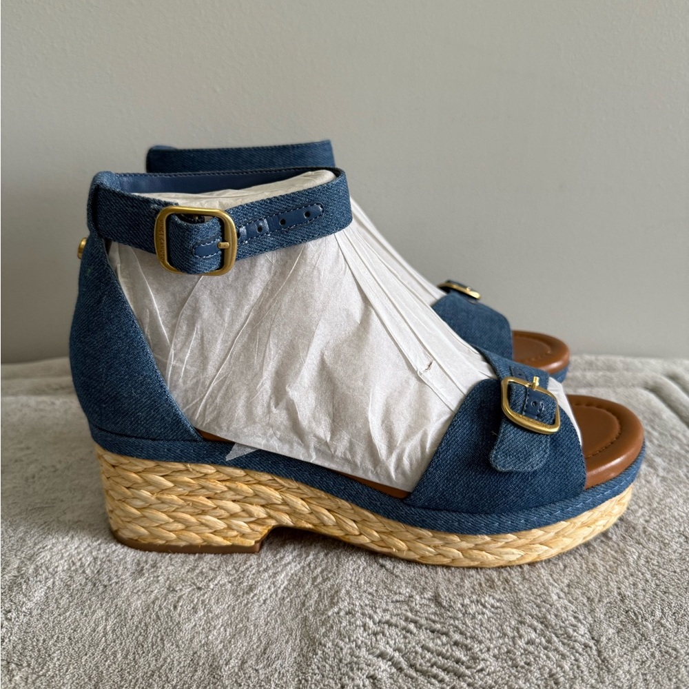 Vince Camuto Adjustable Wedge Sandals Meterry Denim 9M JUTE ROPE SIDES NEW - Picture 3 of 8
